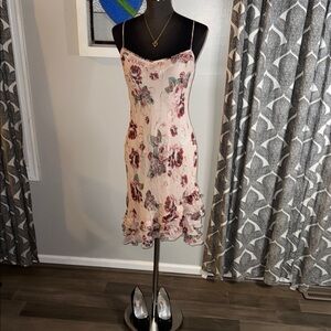 Muse 100% Silk Rose Floral Print Ruffled Spaghetti Strap Fairy Dress